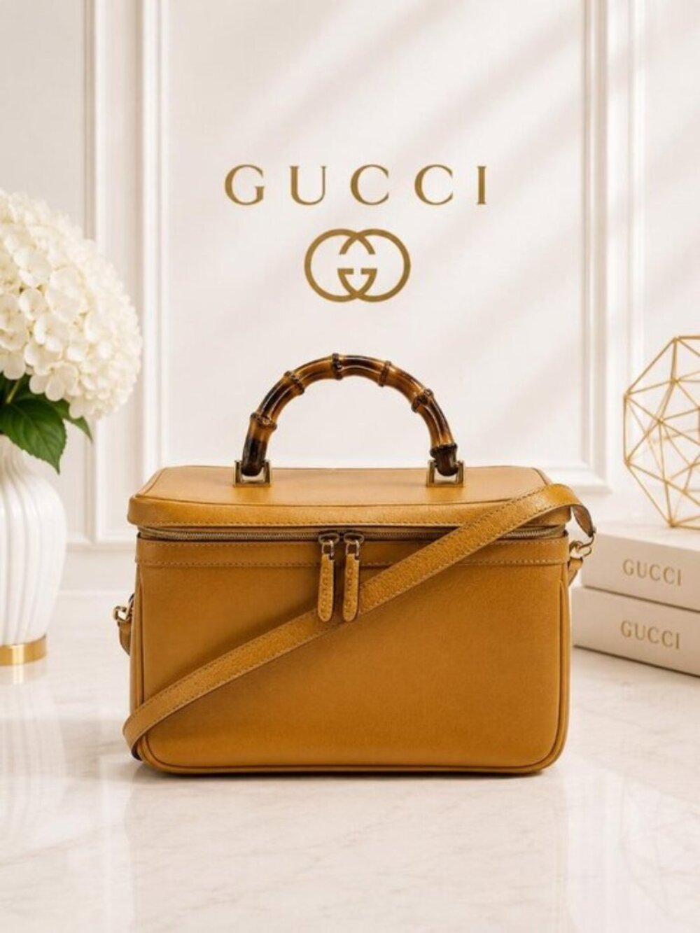Authentic Vintage Gucci Bamboo Handle Gold Leather Vanity Case Shoulder Bag